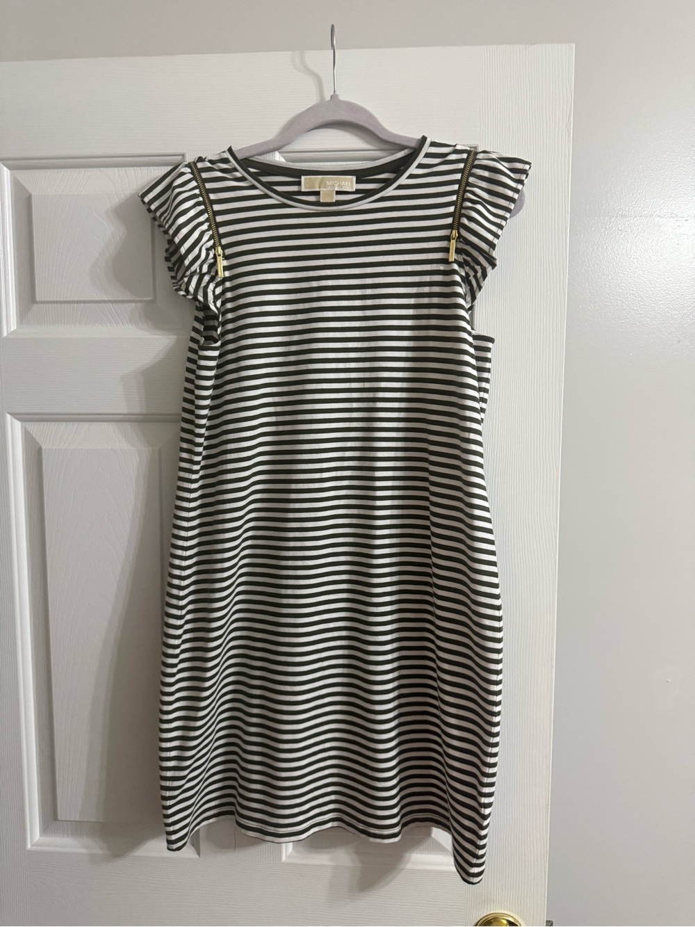 Michael Kors Green and White Striped Flutter Sleeve womans Dress Medium